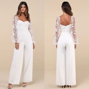Lulus Darling Charisma White Mesh Embroidered Jumpsuit medium